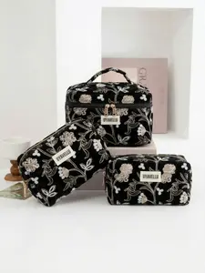 1pcs/3pcs Black large capacity makeup bag, flower patterned Bohemian style holiday casual wash bag, fashionable high-end handbag, zipper portable travel wash bag, portable storage bag, makeup bag set, soft fabric makeup bag set, women's wallet and handbag