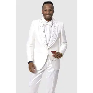 Mens Paisley Lace Style Prom Tuxedo Dinner Jacket with Diamond Lapel in White