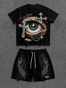 Unisex Vintage Street Style 2 Piece Set with Eye and Cross Graphic Print, Short Sleeve T-Shirt and Shorts for Gothic Y2K Fashion, Ideal Couples Gift