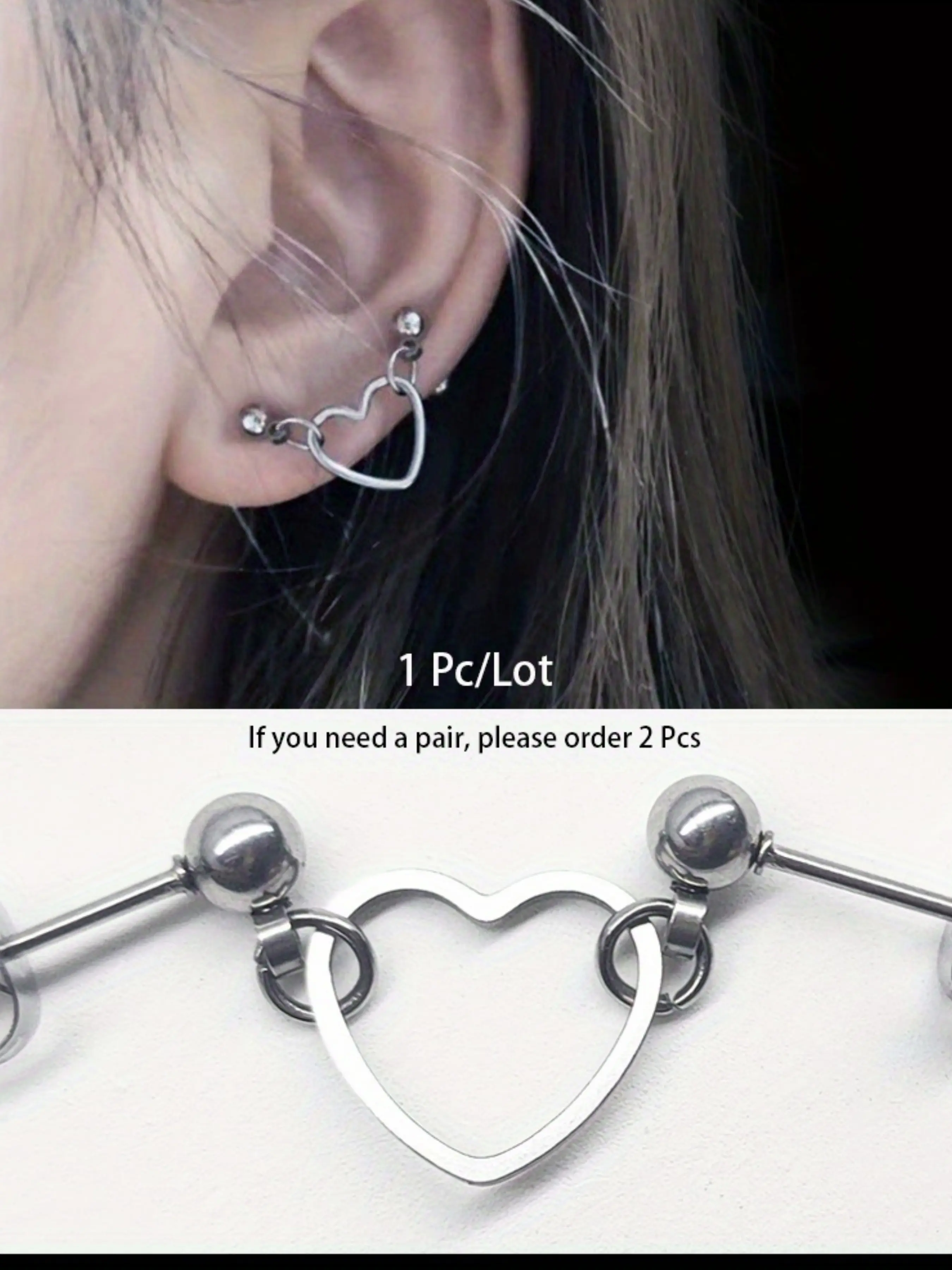 Stainless Steel Heart Shaped Double Stud Earrings for Women, Perfect for Cartilage, Tragus, Lobe, Daith, Conch & Helix Piercings