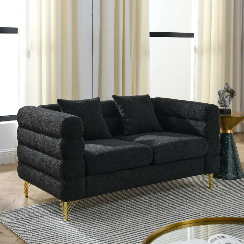 Loveseat Sofa Modern Couch, 60" W Teddy Bouclé Oversized Cloud Sofa, Upholstered 2-Seater Comfy Deep Seat Couch with Gold Legs & Pillows for Living Room, Bedroom, Office, Apartment