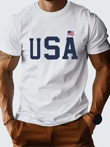 Men's 100% Cotton USA Flag T-Shirt - Bold USA Lettering & American Flag Print Casual Round Neck Short Sleeve All-Season Comfort Fit White with Navy Blue Lettering & Red/White Stripe Design Machine Washable Ideal for 4th of July Casual Attire & Patriotic E