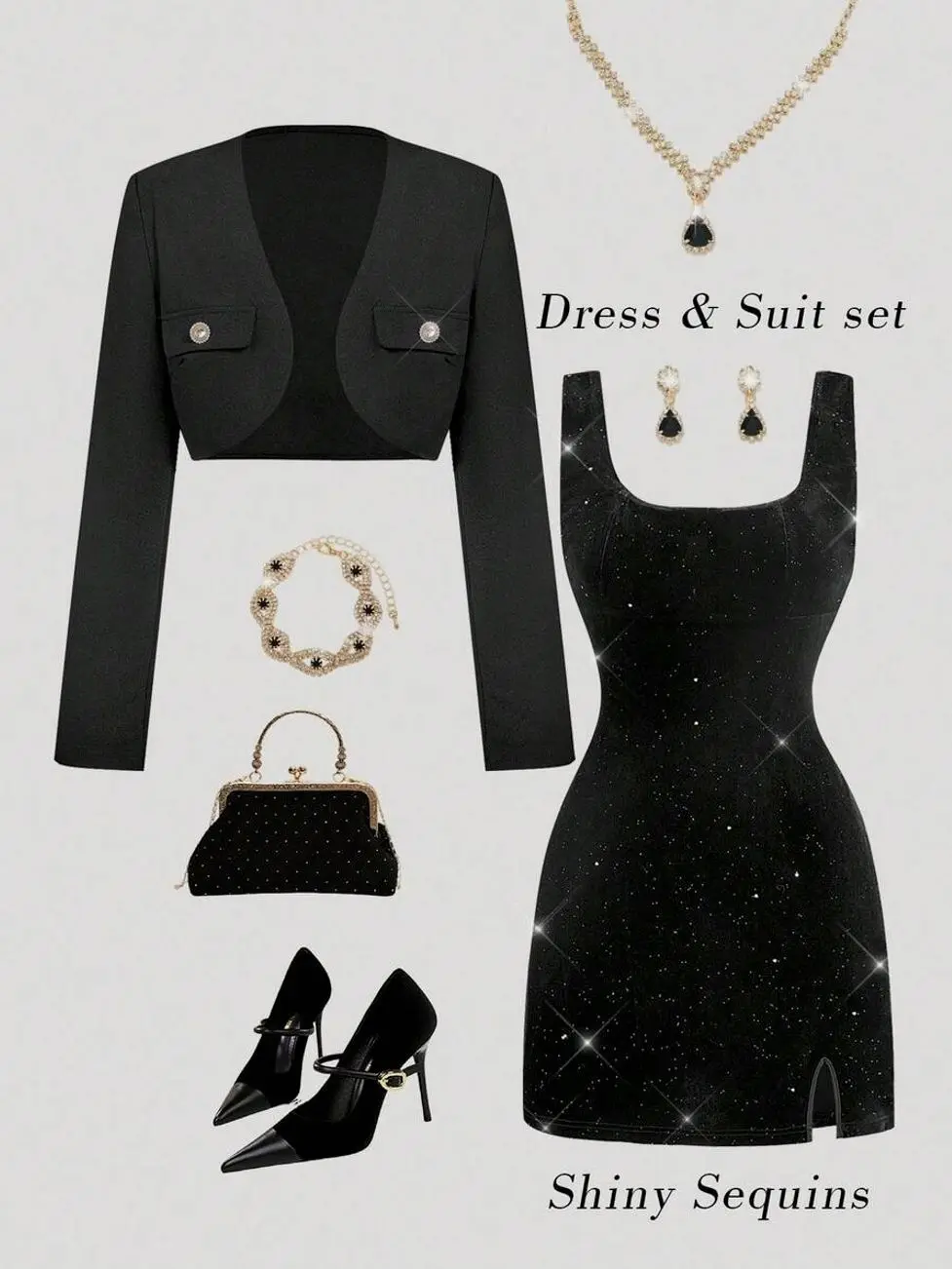 ✨ Luxury Velvet Fitted Dress Set With Sequin Detail, Elegant Fall/Winter Party Suit For Women.