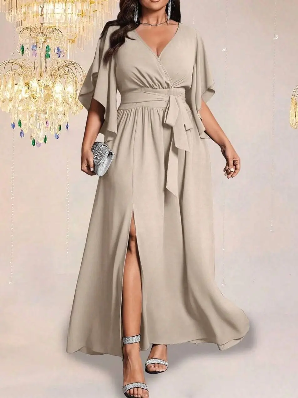 Plus Size Women V-Neck Flare Short Sleeve Tie Waist Ruched Slit Elegant Party Dress