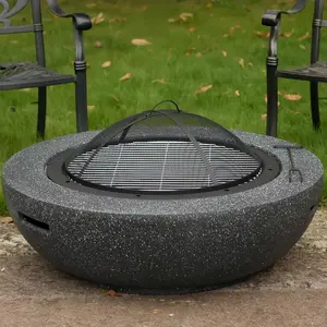 Round Wood Burning Concrete Outdoor Fire Pit,35.43" Heat Resistant MGO Ceramic Material Base with BBQ Grill Firepit for Patio Garden,Backyard Barbecue,Outdoor Gatherings Light Gray (Black)