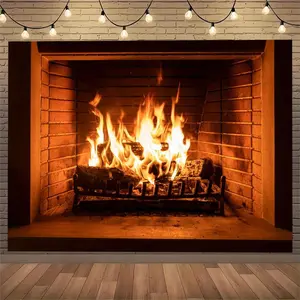 Christmas Fireplace Wood Burning Decorative Fabric Tapestry - Perfect for Living Room, Dining, Bedroom & Dorm Wall Decor | Ideal Holiday Party Accessory & Gift Wooden