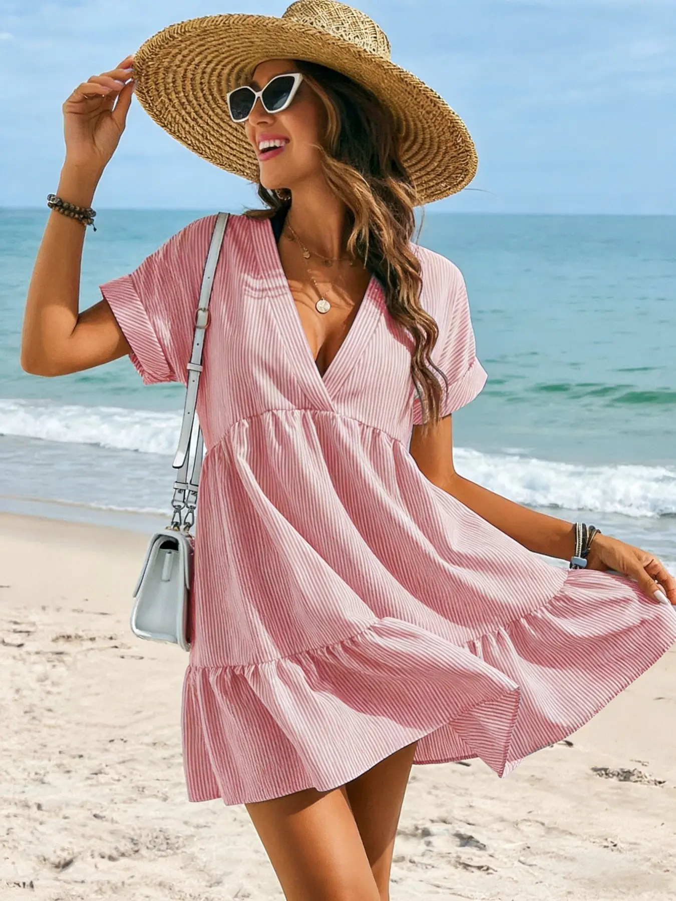 Spicy Coquette Light Blue Stripe Deep V Ruffle Hem Beach Vacation Summer Dress Casual Vintage French Spicy Coquette Light Blue Stripe Deep V Ruffle Hem Beach Vacation Summer Dress Casual Vintage French