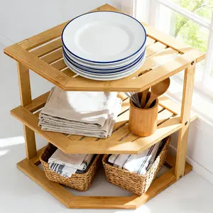 1PC   3 Tier Bamboo Corner Shelf Kitchen Countertop Storage Rack for Plates Bowls Utensils Organization