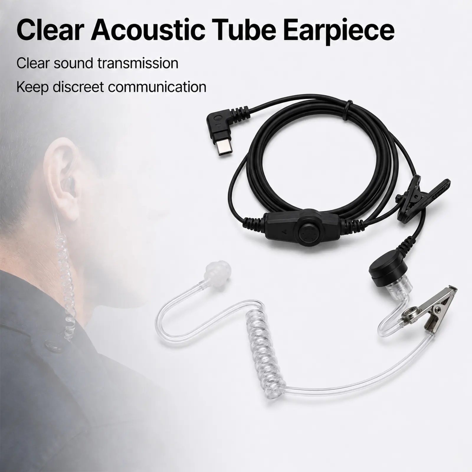 Air-conduction headphones with PTT Mic, USB-C Type-C Earpiece Compatible with M6, M8, M9, X6 Walkie Talkies, Adjustable, Noise Reducing, Black