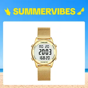 Step Counter Pedometer Watch with Stainless Steel Bracelet, Stylish Design, Fashion, No App, Golden, Calorie, Distance, Alarm, Countdown Timer 2401 summervibes