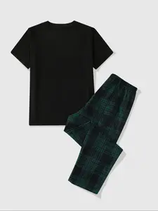 Men's Cartoon Snoopy Print / Plain Tee & Plaid Print Elastic Waist Pants Loungewear Two-piece Set, Casual Comfy Round Neck Short Sleeve T-shirt & Trousers Pj Set, Men's Sleepwear Pajama Set for All Seasons Loungewear Pajamas