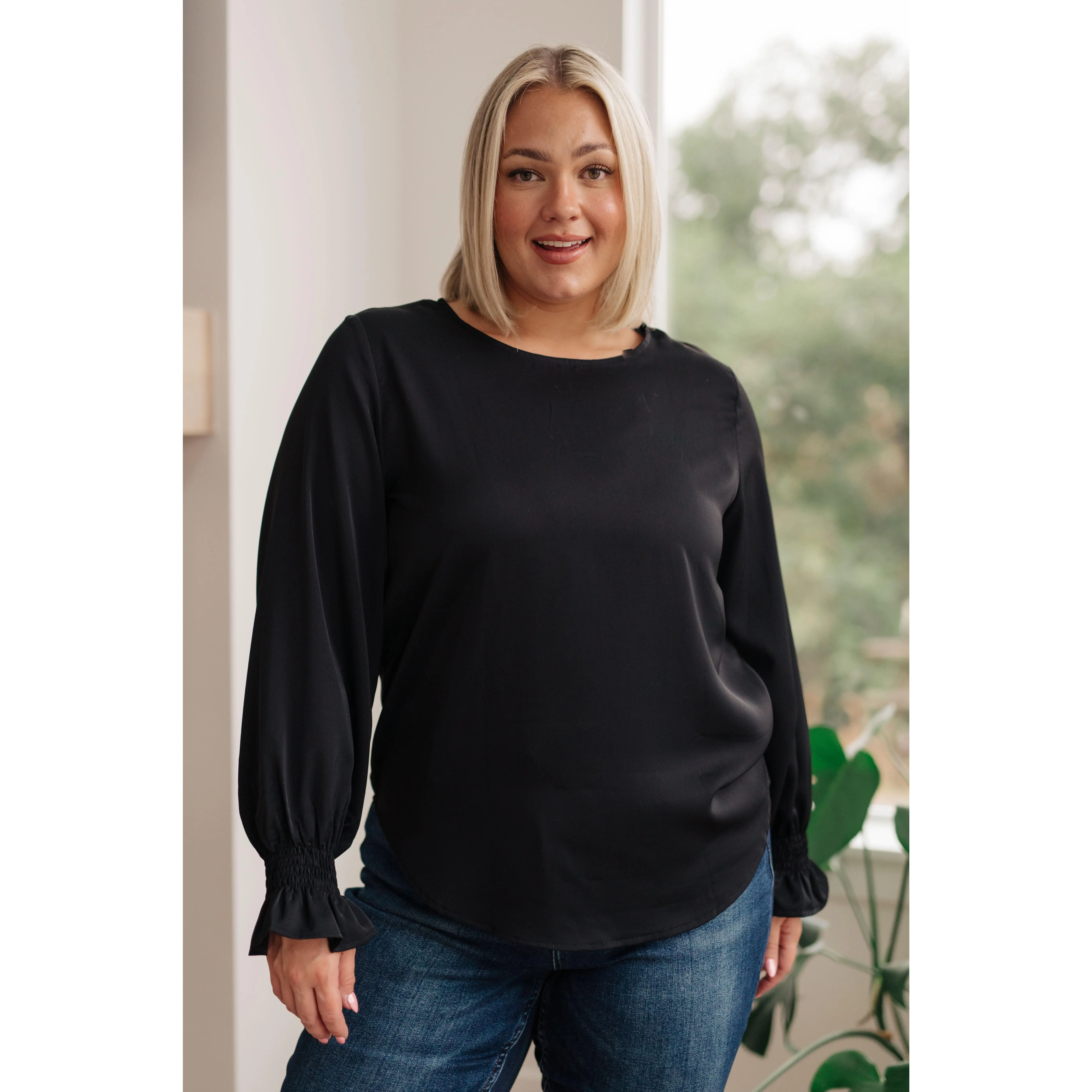 Peaceful Moments Smocked Sleeve Blouse in Black