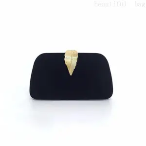 Elegant Black Velvet Clutch with Golden Leaf Clasp and Detachable Chain Strap - Women’s Crossbody Box Bag for Formal Occasions, Small Crossbody Bag