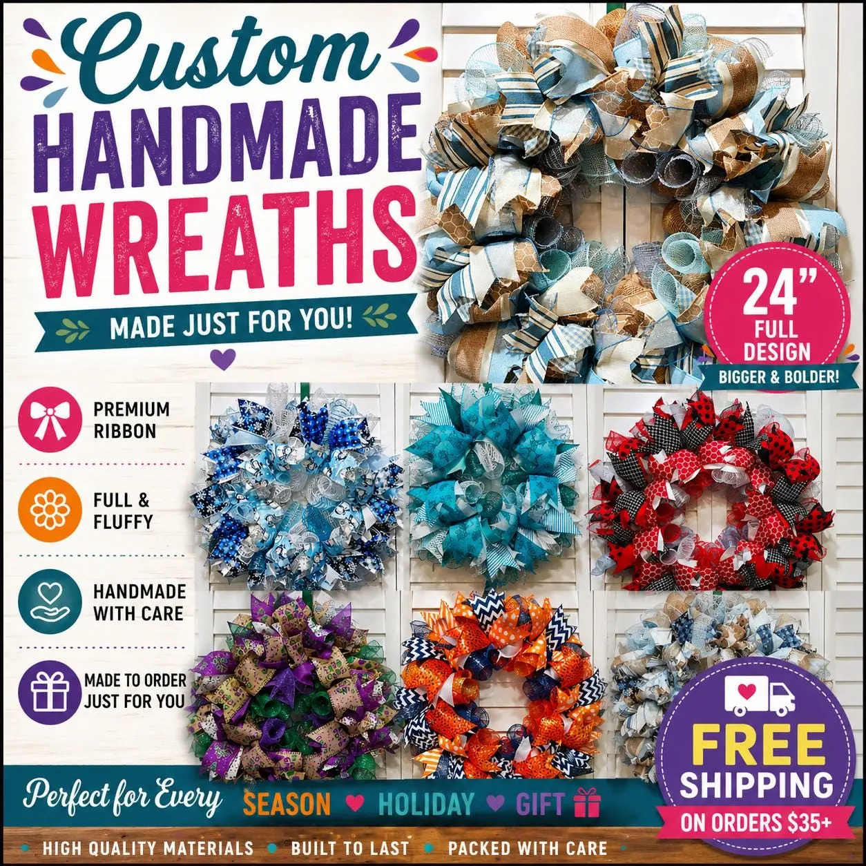 Custom Handmade 24" Wreath | Personalized Front Door Decor | Seasonal, Holiday & Everyday Wreath | Made to Order