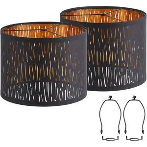 Set of 2 Black Drum Lampshades with Hollow-carved Design 12.7"x12.7"x10 Inches for Table Lamp Floor Lamp Pendant Light with Harp Holder Included