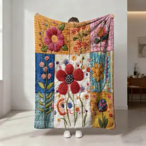 Vintage Floral Patchwork Print Blanket, Soft Flannel Throw, Breathable & Warm, Home Nap Car Cover, Gift Bedroom Decor Pet Blanket
