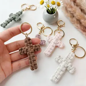 Handmade Macrame Cross Keychain – Christian Faith Keychain Charm, Braided Rope Bag Pendant, Inspirational Gift for Friends & Family