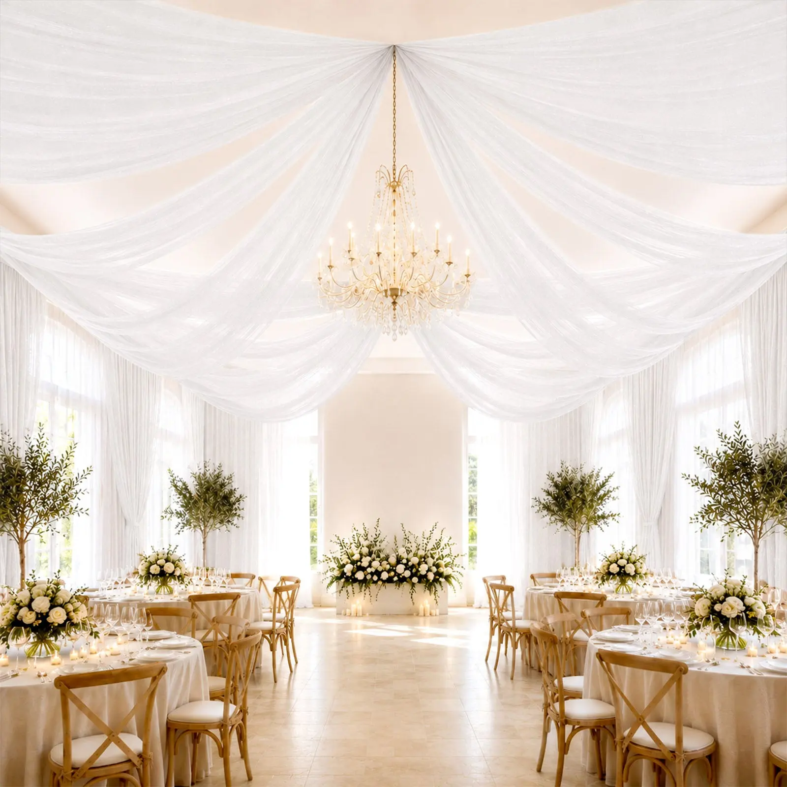 White Sheer Ceiling Drape – 10ft x 32ft Extra Long Drapery Panel for Wedding Canopy, Backdrop & Reception Décor