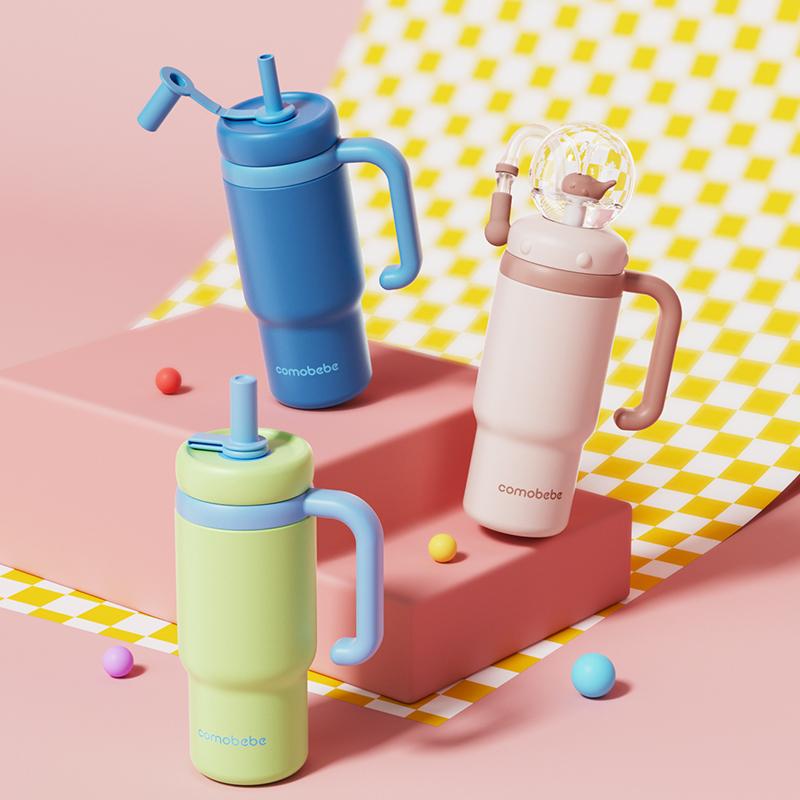 【COMOBEBE】24oz Stainless Steel Whale Fountain Tumbler with Handle – Two Lids, Spill-Proof, Dishwasher Safe, Cute & Perfect for Teens, and Adults Water Bottles Sturdy Drinkware Flasks