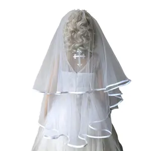 God Bless 1st First Holy Communion church Wedding Flower Girl Dress Up decoration white cross Veil Baptism Christening gift