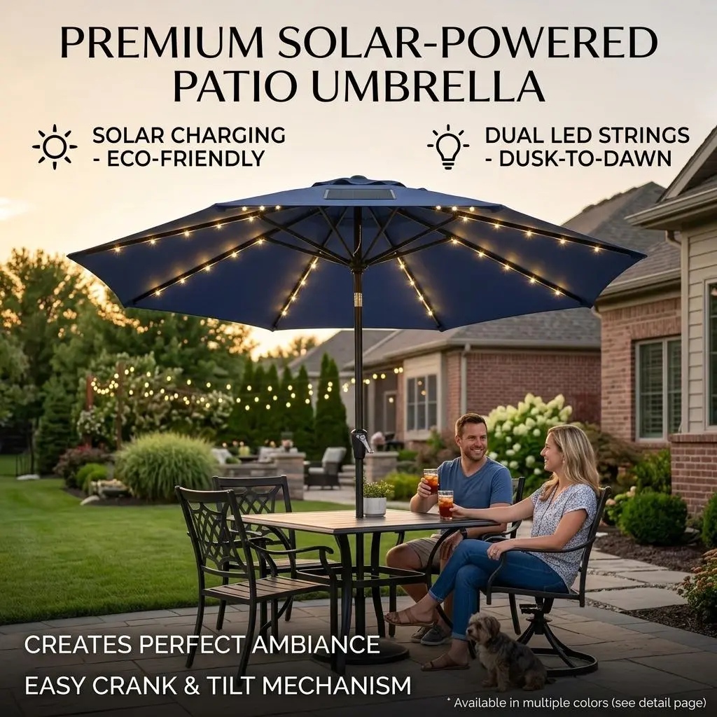 9FT Patio Umbrella - Solar LED Lights, 8 Sturdy Ribs, 30° Dual Tilt Crank Handle, Solar Panel, Water Resistant Sunset Modern Farmhouse Shade Cover Parasol for Garden, Balcony, Shade Cover Parasols, Outdoor Shade Solutions