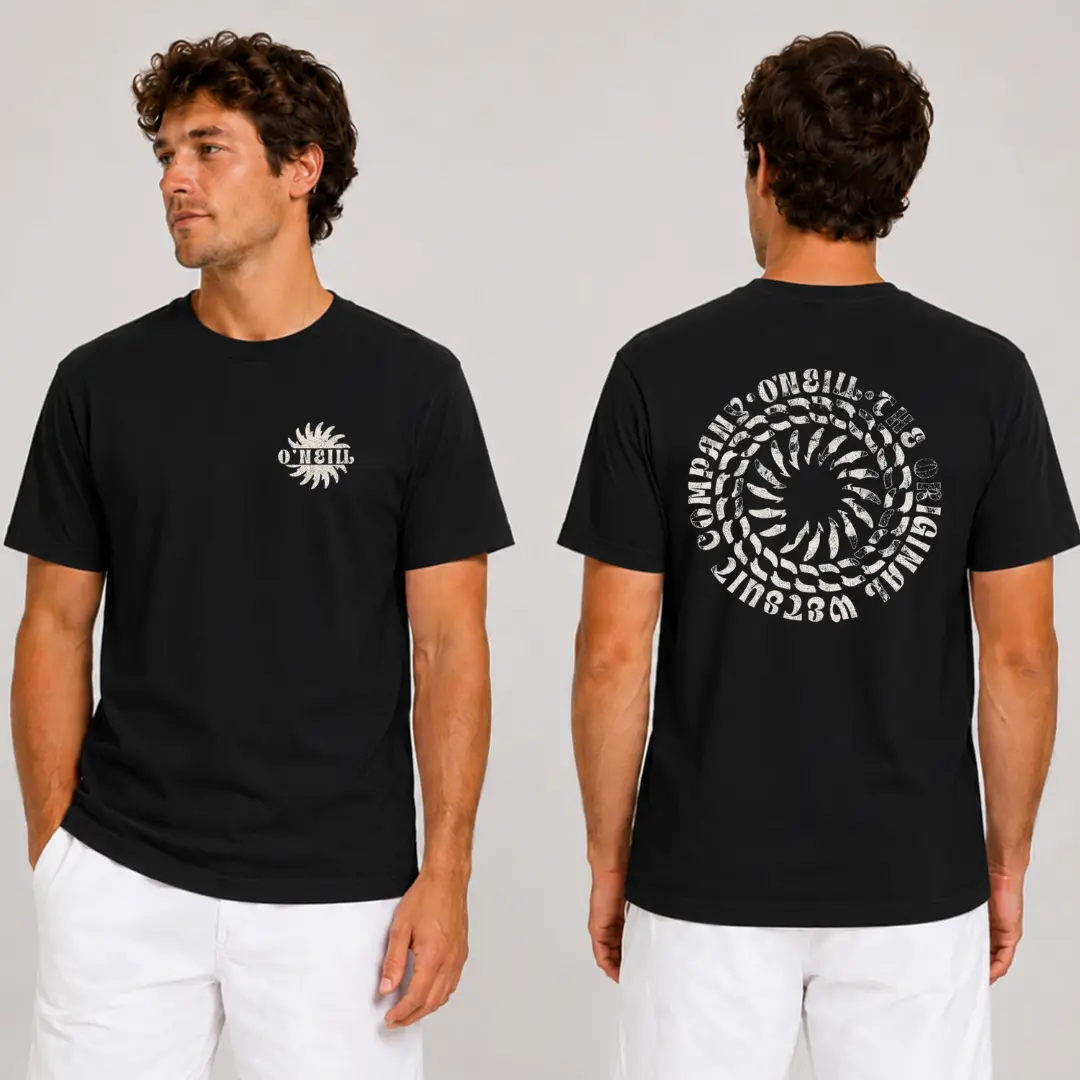 O’Neill Original Surf Company T-Shirt – Distressed Sun Spiral Graphic Shirt, Black Vintage Surfwear
