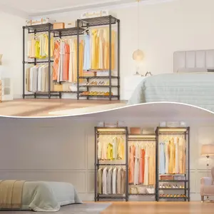 Portable Wardrobe with Heavy-Duty Metal Hangers, 4 Rods, 8 Shelves & Adjustable Frame for Clothes Storage, 900 lbs Capacity, Wardrobe Clothes