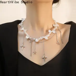 HearthVibe Studio Silver Color Hollow Star Choker Necklaces for Women Long Tassel Rhinestone Imitation Pearl Chain Statements Jewelry