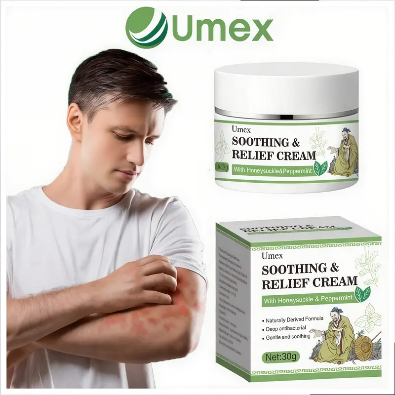 Umex Soothing & Relief Cream with Honeysuckle & Peppermint - 30g, 100% Natural Plant Extracts, Gentle for All Ages, Fast Acting Relieve itching , Hydrates Dry & Sensitive Skin, Therapeutic Treatment for Flare-up,Eczema & Psoriasis