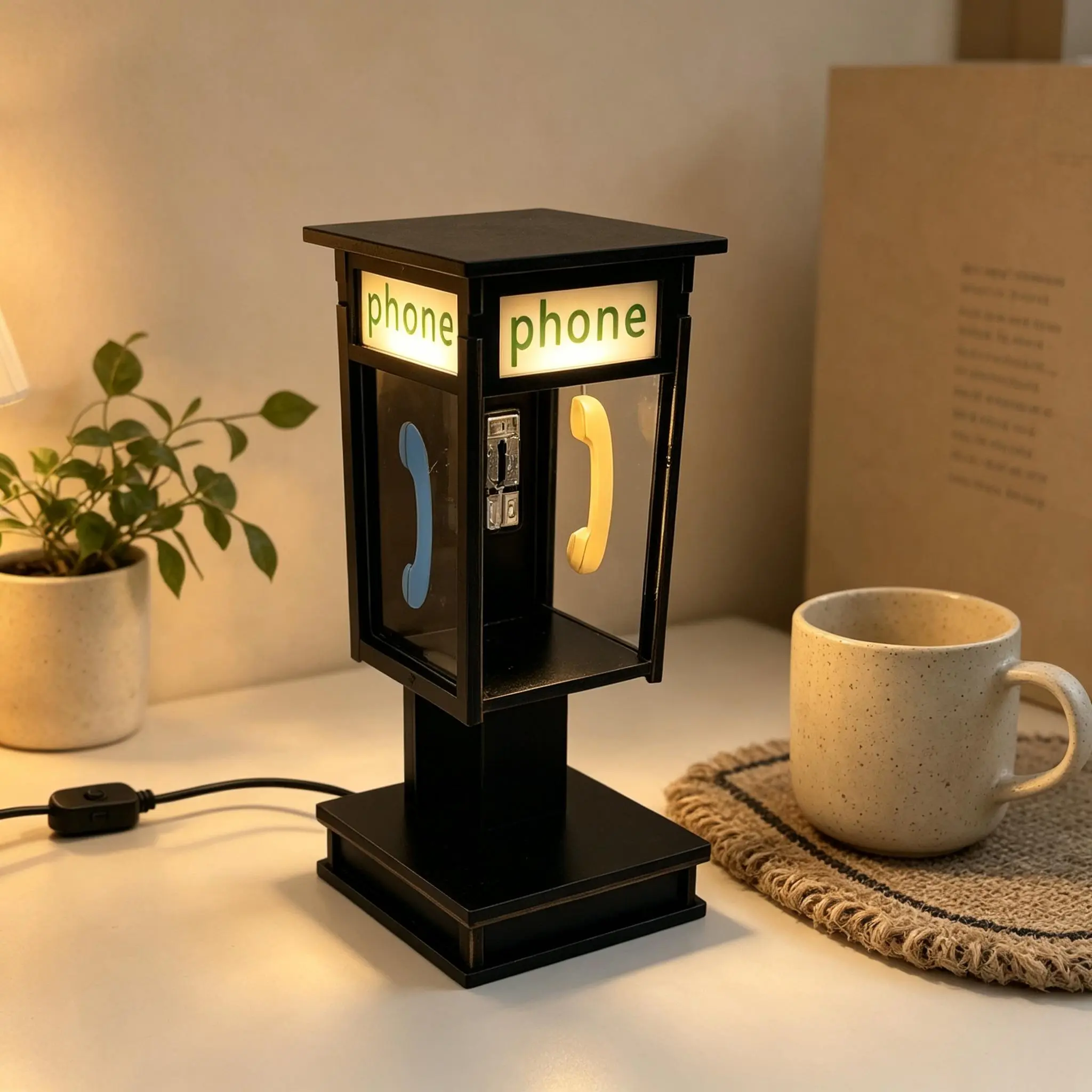 Vintage British Phone Booth Table Lamp - Retro Wooden USB-Powered Warm Ambient Desk Lamp, Nostalgic Home Decor Ornament for Bedroom, Unique Gift for Home Decor Enthusiasts