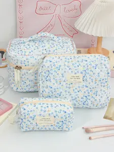 Blue Floral Print Makeup Bag, Makeup Organizer Pouch, Soft Corduroy Cosmetic Storage, Large Capacity Travel Set, Handheld Wash Bag, Perfect Gift for Women