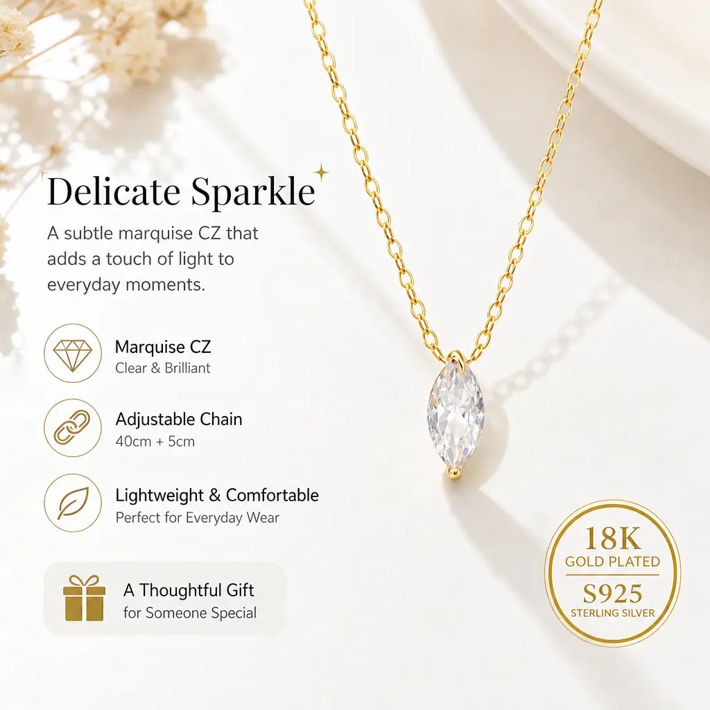 Gildelle Women's 14K Gold-Plated 925 Sterling Silver Marquise CZ Solitaire Pendant Necklace, Dainty Minimalist Jewelry, 40+5 cm Adjustable Chain, Everyday Gift for Women