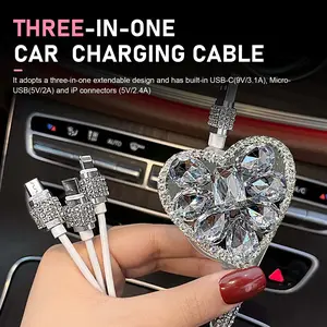 Bling Rhinestone Heart 3-in-1 Retractable Fast Charging Cable, Multifunctional Car Charger for iPhone, Android, Type-C, Women's Girly Car Accessories