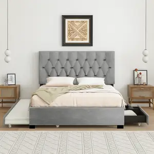 Queen Size Platform Bed Frame with Trundle and Storage Drawers, Wooden Bed Frame with Sturdy Slats, No Box Spring Needed