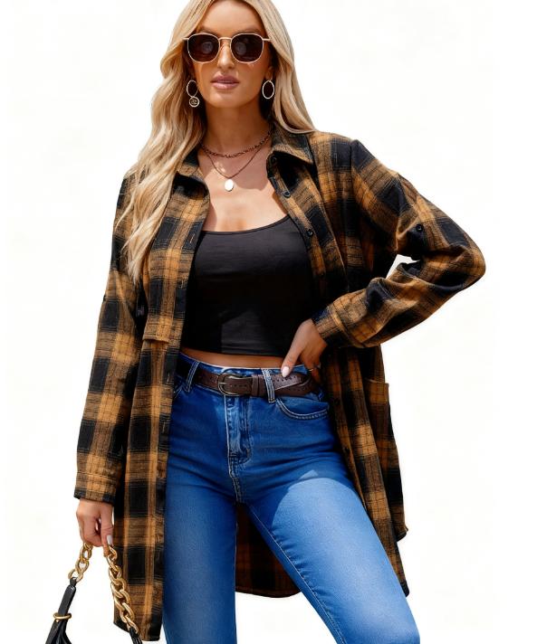 Women's Plaid Shirt Casual Long Sleeve V-Neck Button-Up Oversize Loose Fit Tunika S-XXL for Autumn Winter