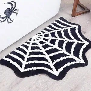 Spider web bathroom mat, Halloween-themed non-slip mat, spider web pattern, machine washable, gothic style, suitable for front door, bedroom, living room and other home environments.