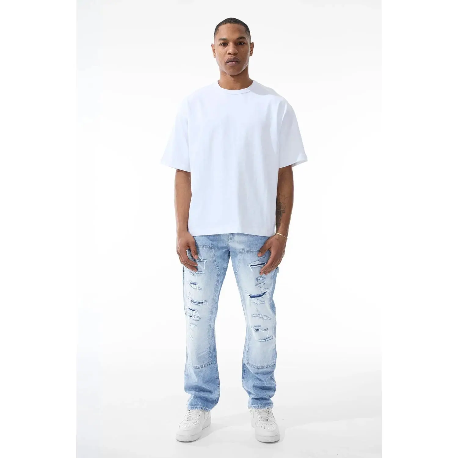 Men's Aaron Relaxed Fit Baggy Carpenter Jeans, Distressed 100% Cotton Denim Pants with Hammer Loop in Arctic Wash, Menswear, Pocket, Wide Leg, Fused Rips, Loose Fit, Relaxed Cut, Tonal Panels, Casual, Ripped, Full Length