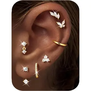 Flat Back Earrings Stack for Women, Hypoallergenic 14K Gold-Plated Flatback Stud Hoop Cartilage Earring Set Trendy Multiple Conch Tragus Helix Piercing Jewelry Gifts