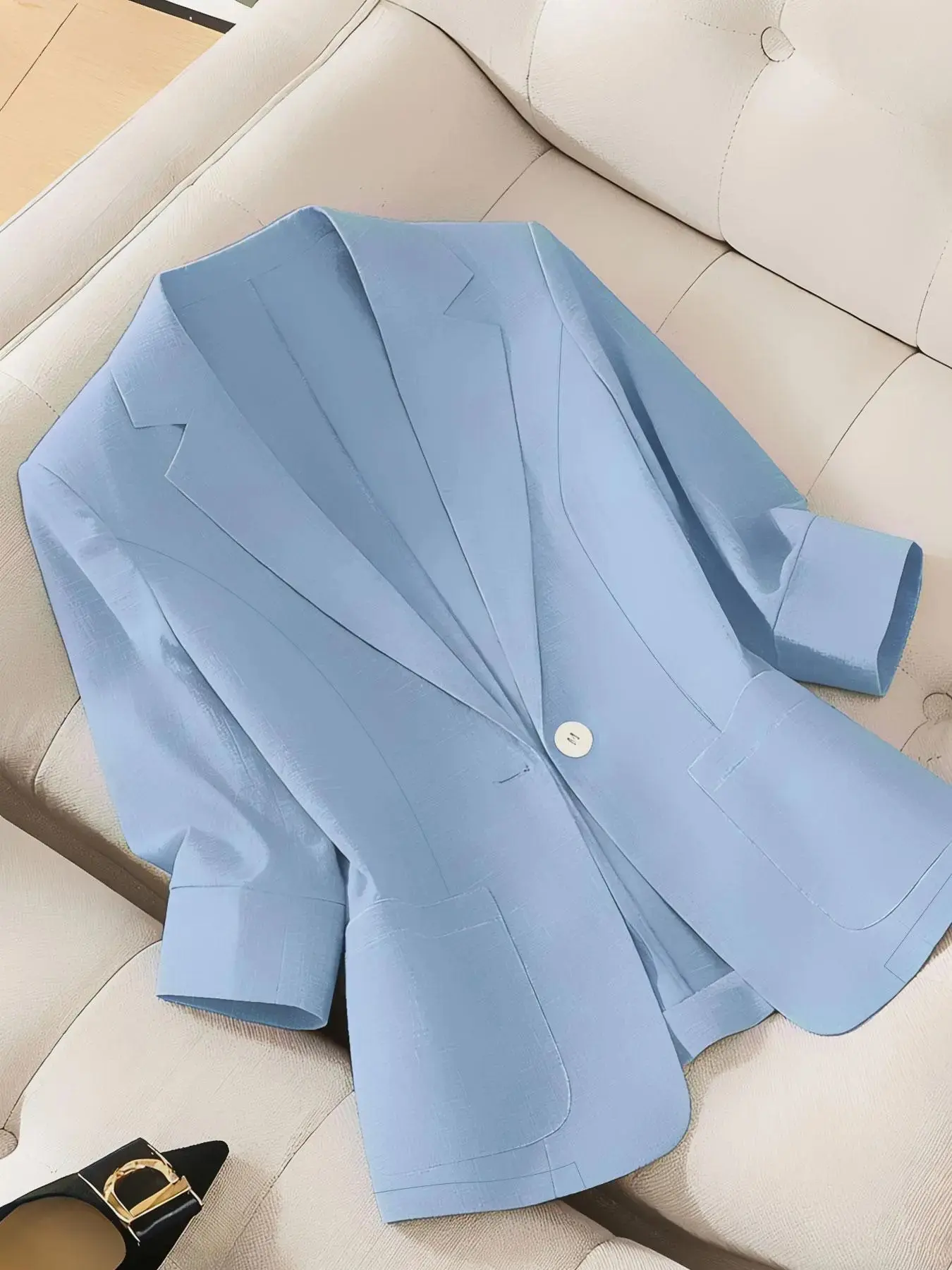 [plus Size] Women's Plain Thin Fitted Fashion One Button Blazer Trendy Style, Seven-Quarter Sleeve, Classic Lapel, Dual Pockets, Suitable for Spring/summer, Daily Commute, Outdoor Wear, Solid Basic, Beach Ready
