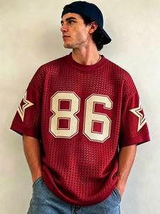 men's star print hollow out knit top, regular fit casual fashion short sleeve pullover for summer, men's sweater for daily wear, knitwear