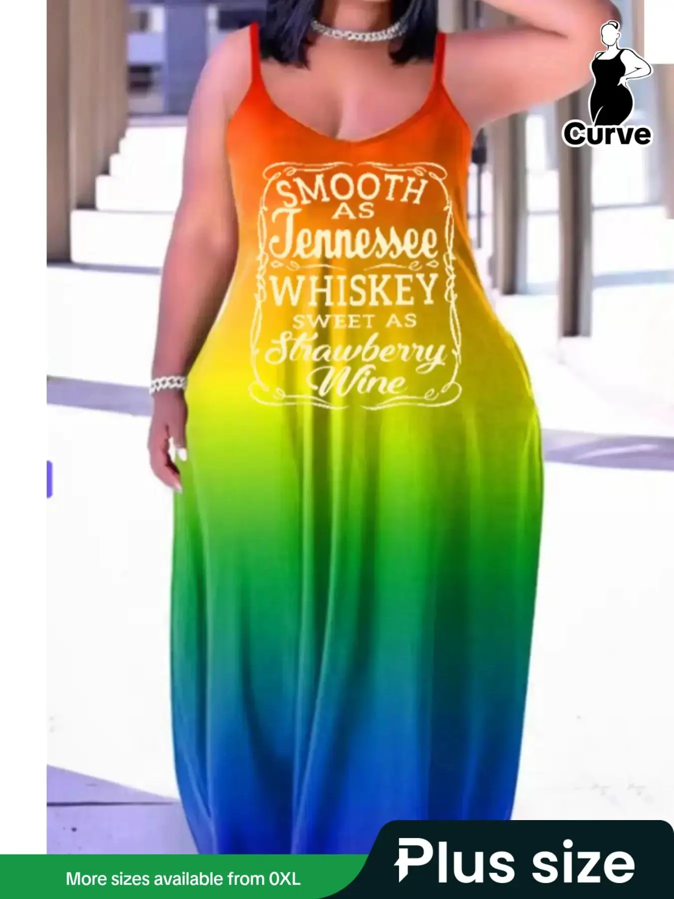 Plus Size Ombre Letter Print Pocket Cami Dress, Casual Sleeveless Spaghetti Strap Long Dress for Summer, Women's Plus Clothing for Daily Wear, Womensw