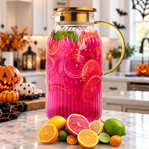 Amzcku Glass Pitcher with Lid, 68oz 2L Vintage Water Carafe Beverage 2Pack Heat resistant glass, perfect for cold brew, coffee, lemonade, iced tea. Durable, stylish jug for daily use, Halloween gift