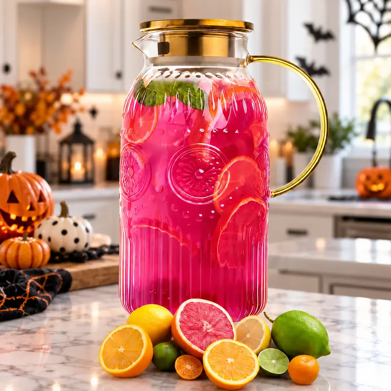 Amzcku Glass Pitcher with Lid, 68oz 2L Vintage Water Carafe Beverage 2Pack Heat resistant glass, perfect for cold brew, coffee, lemonade, iced tea. Durable, stylish jug for daily use, Halloween gift