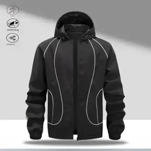 A men's lightweight hooded jacket with a dynamic and energetic style. The hood features drawstrings for added detail, while white line accents make it stand out. The jacket is lightweight and not bulky, allowing for flexible movement. Pocket design makes