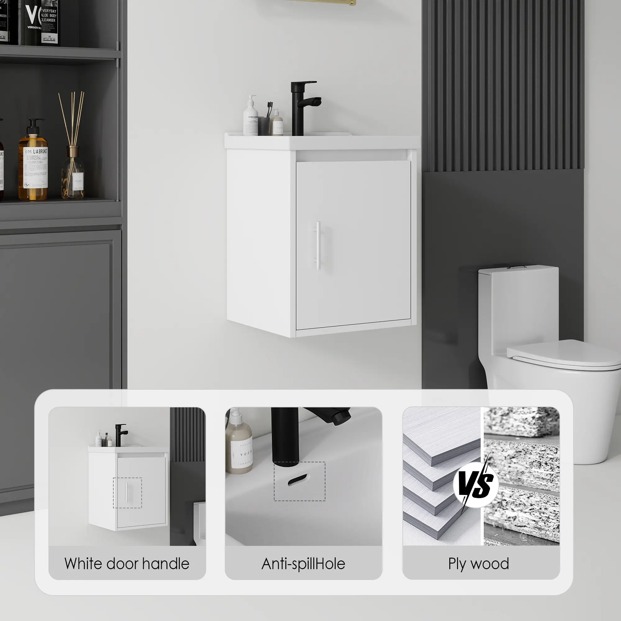 16-Inch White Modern Square Floating Bathroom Vanity with Ceramic Sink, Soft-Close Door, Plywood Construction, Home Decor