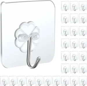 30 Packs Wall Hooks for Hanging Heavy Duty 22lb(Max),  Transparent Self Adhesive Hooks Wall Hangers Sticky Hooks for Door Bathroom Shower Kitchen Outdoor Utility Hooks Hanger