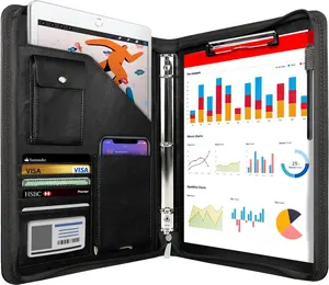 Zippered Portfolio Organizer,  Leather Padfolio with 3 Ring Binder, Professional Business Binder, Organizer for IPad/Document, Phone & Business Cards, Office Gifts for Men or Women (Black)