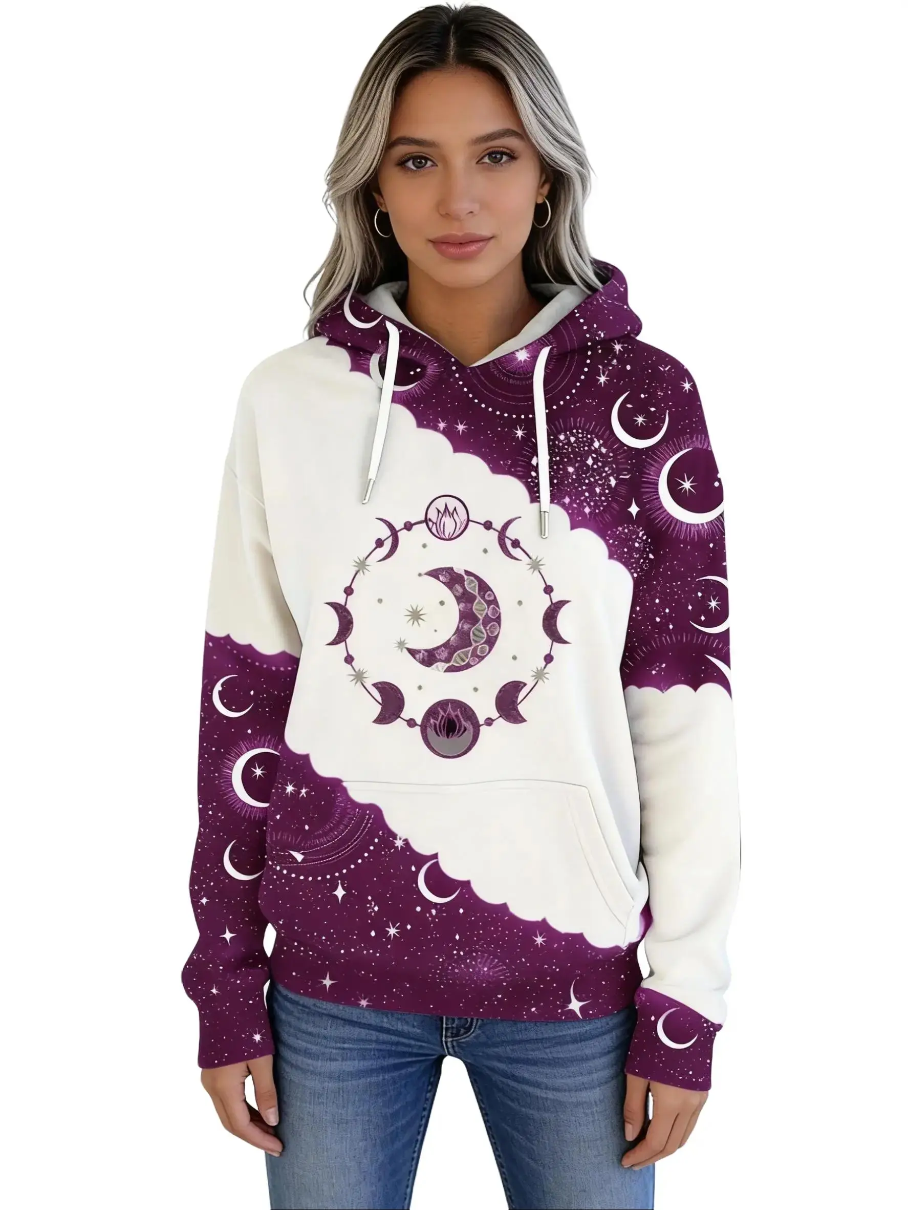 Women's Popular Hoodies Clothing Western Ethnic Style Vintage Celestial Floral Hoodie - Purple & White Moon &Stars Graphic Pullover, Soft Stretchy Long Sleeve Sweatshirtfor Everyday & Formal Outfits - Spring/winter Clothing Women's Hoodie