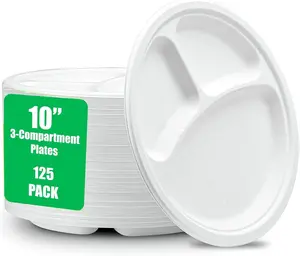 FPN Compartment Plates Premium 10-Inch 125psc Compostable - Sugarcane Fiber, Biodegradable with 3 Compartments, Microwave Safe - Pack of 125 for Parties, Weddings & BBQs