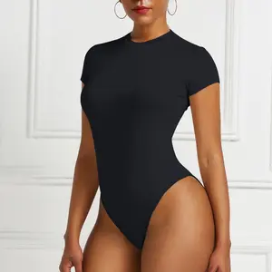 Women's Stretchy Bodysuit Slim Fit Crew Neck Leotard Casual Short Sleeve Thong Tops
